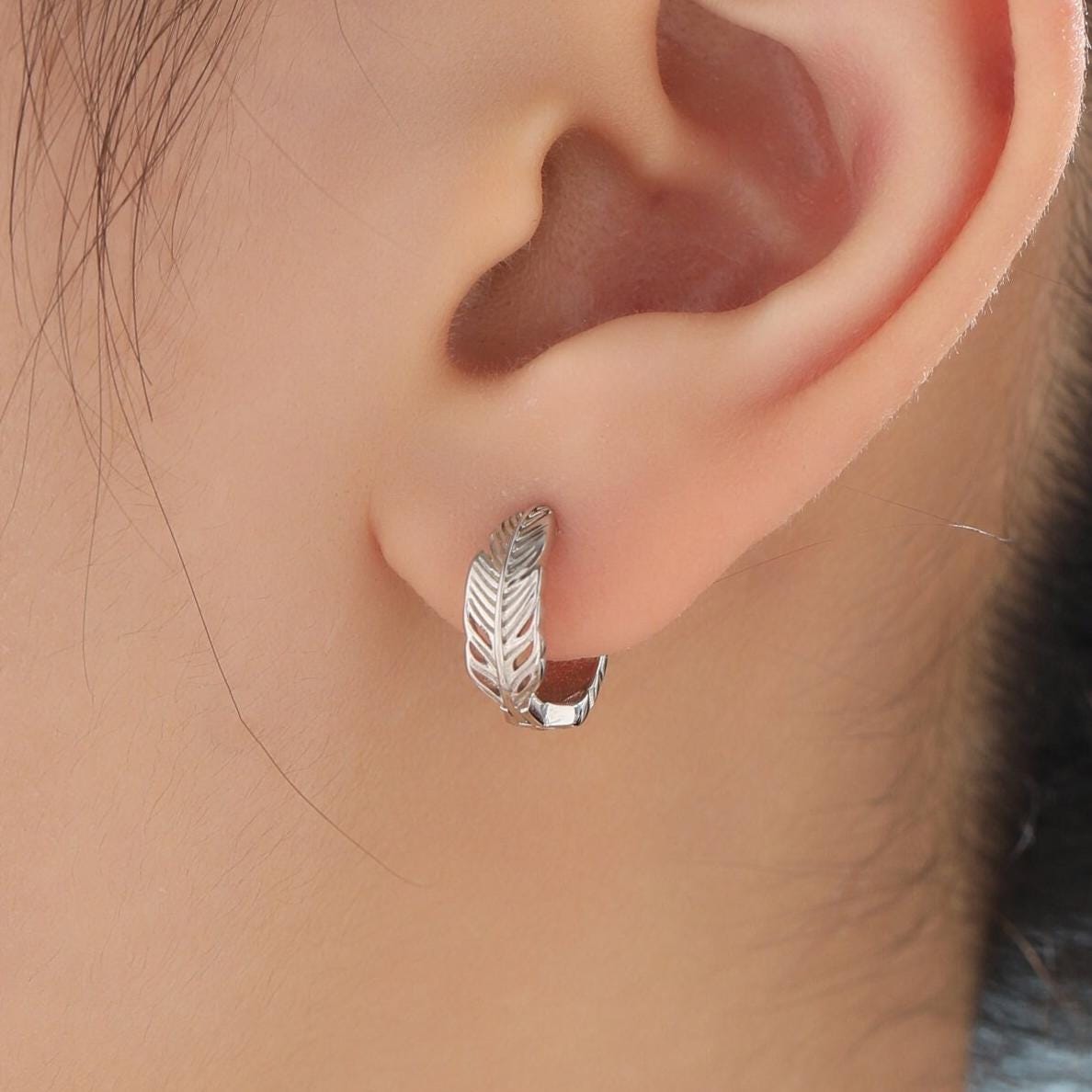 Tiny Feather Huggie Hoop Earrings in Sterling Silver, Silver or Gold or Rose Gold, Wing Earrings, Wing Feather Dangle Hoops, Angel Hoops