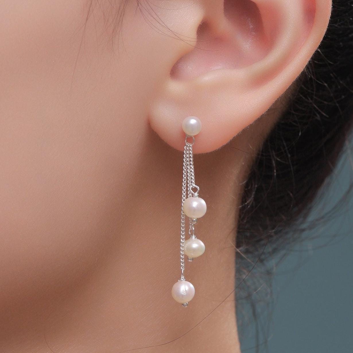 Natural Freshwater Pearl Drop Dangle Earrings in Sterling Silver, Silver or Gold, Delicate Pearl Cascade Earrings, Genuine Pearls