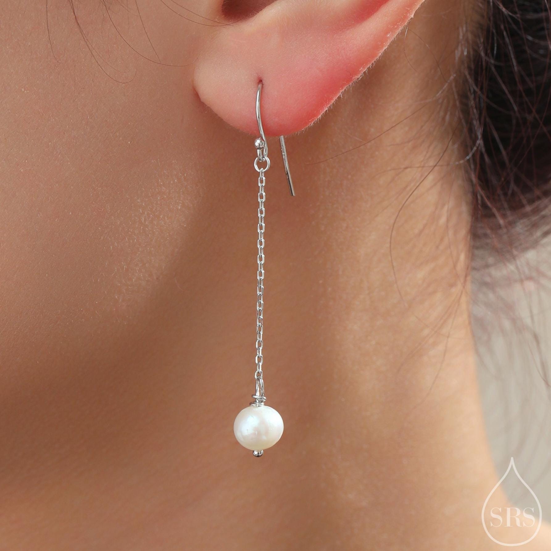 Genuine Freshwater Pearl Drop Hook Earrings in Sterling Silver, Silver or Gold, Irregular Shape Natural Pearl Long Dangle Earrings