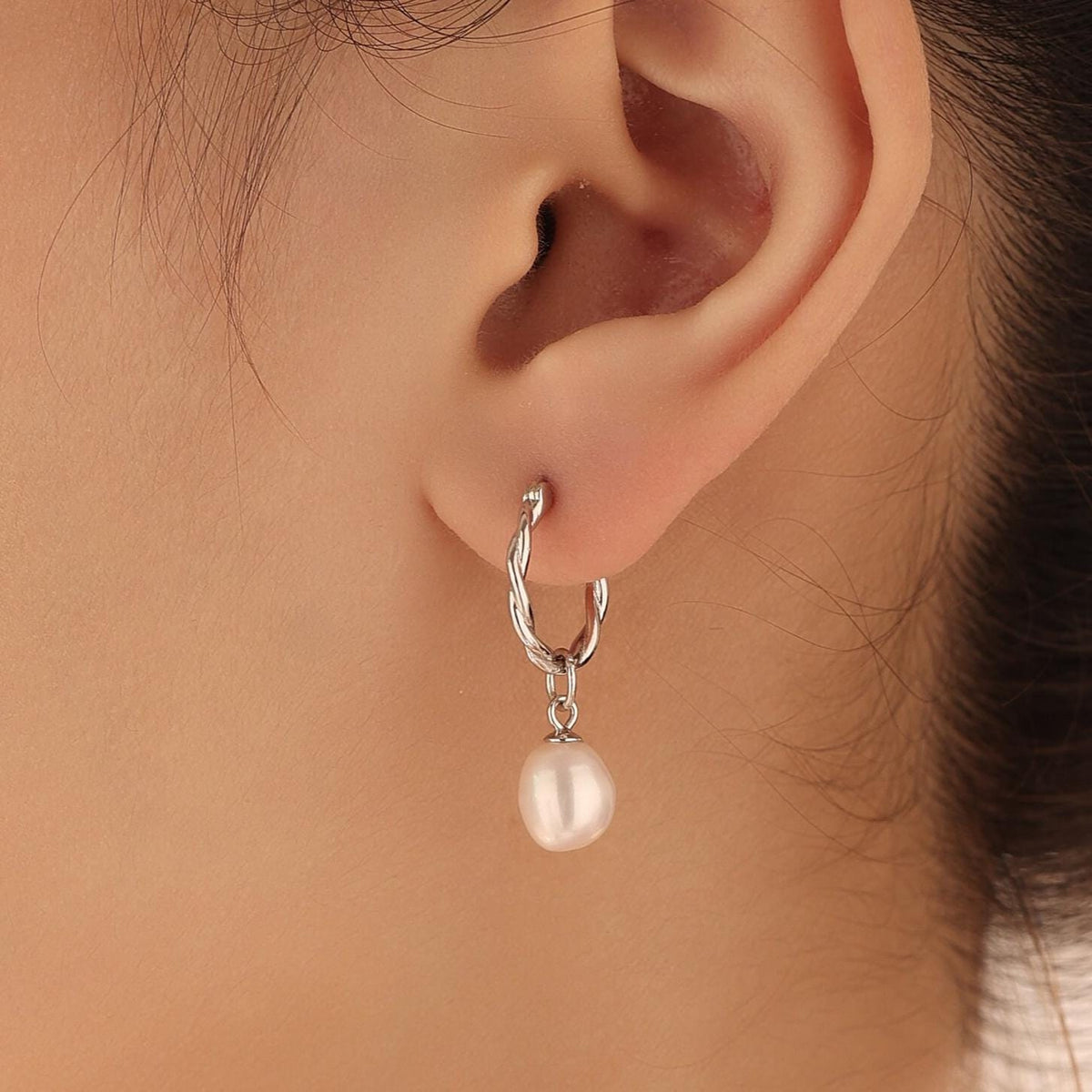 Braided Hoops with Dangling Oval Pearl Drop Earrings in Sterling Silver, Silver or Gold, Keshi Pearl Twist Hoop Earrings, Pearl Hoops