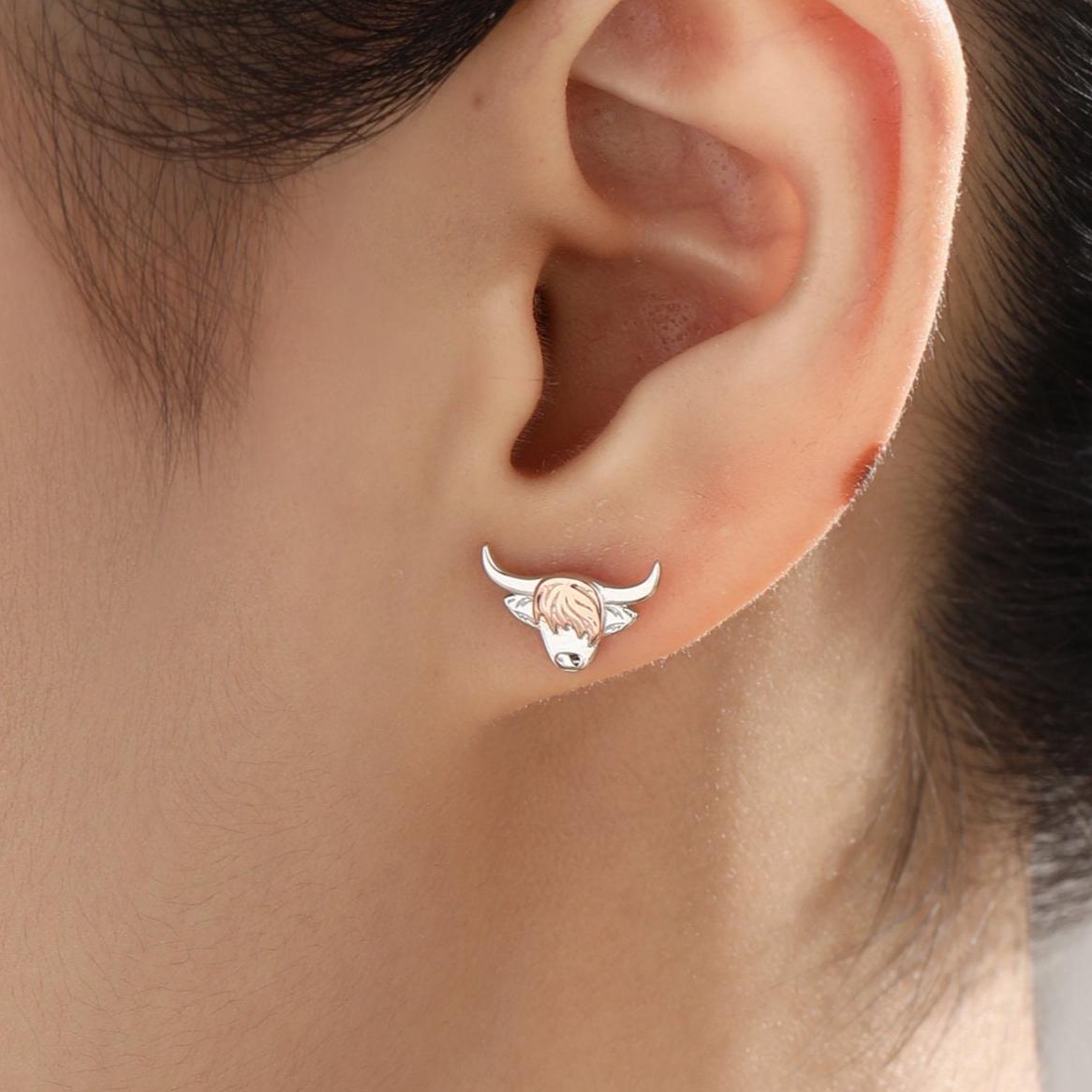 Two Tone Highland Cow Stud Earrings in Sterling Silver, Bull Earrings, Cow Earrings