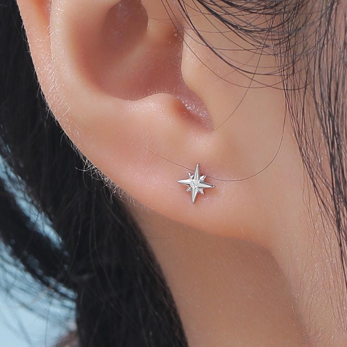 Sterling Silver Crescent Moon and Star CZ 16G Flat Back Labret Earrings