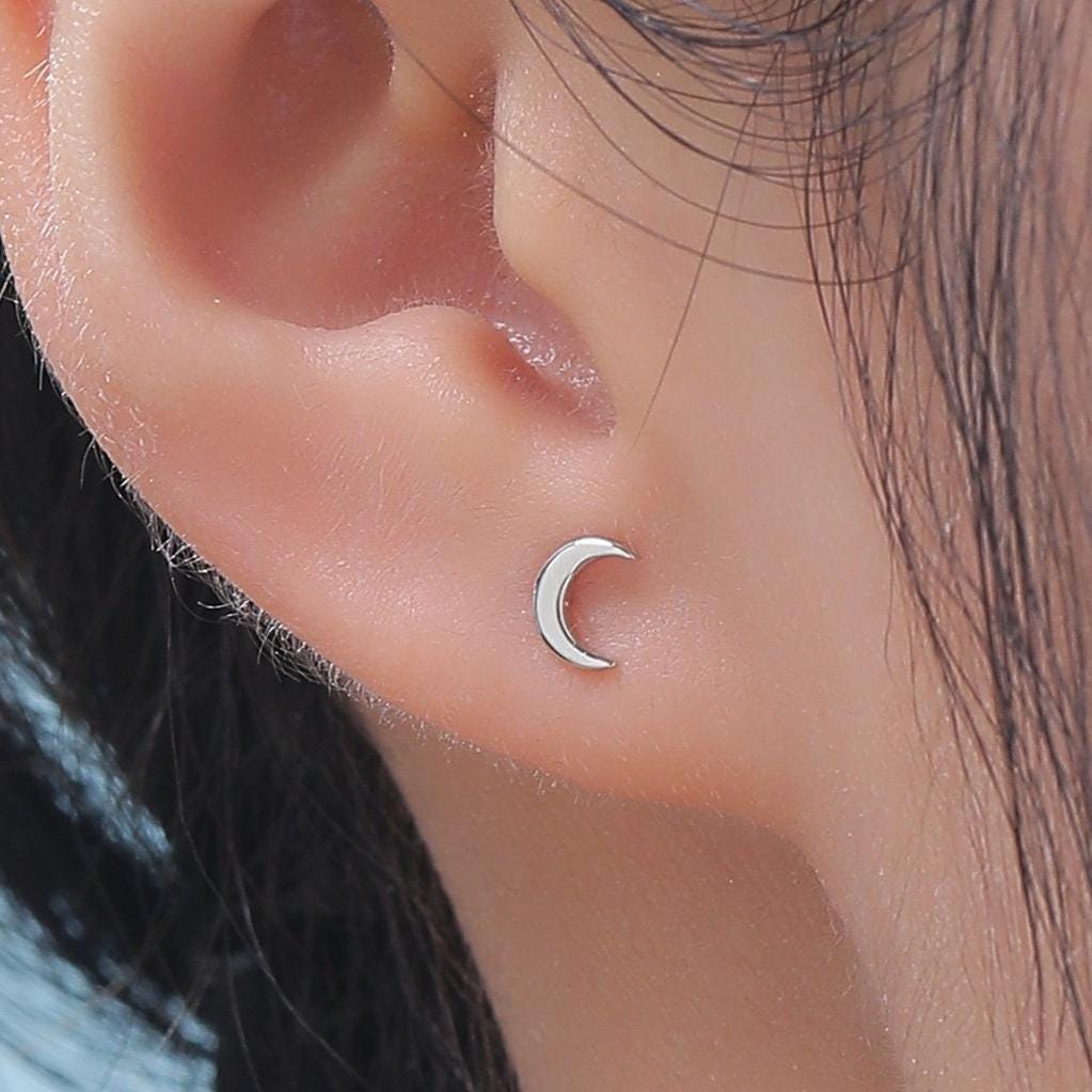 Sterling Silver Crescent Moon and Star CZ 16G Flat Back Labret Earrings