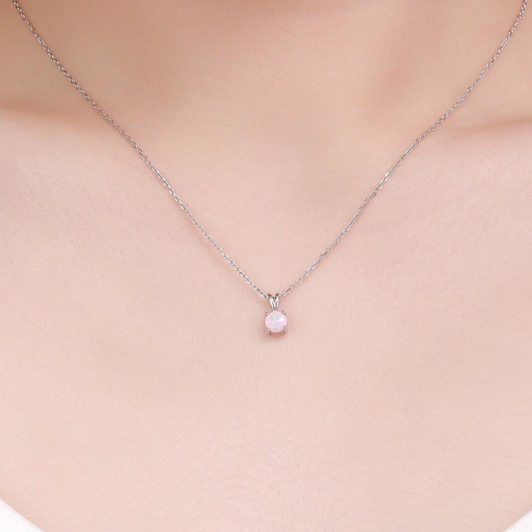 Tiny White Opal Pendant Necklace in Sterling Silver, 5mm Lab Opal Necklace, Single Opal Necklace, Fire Opal Necklace