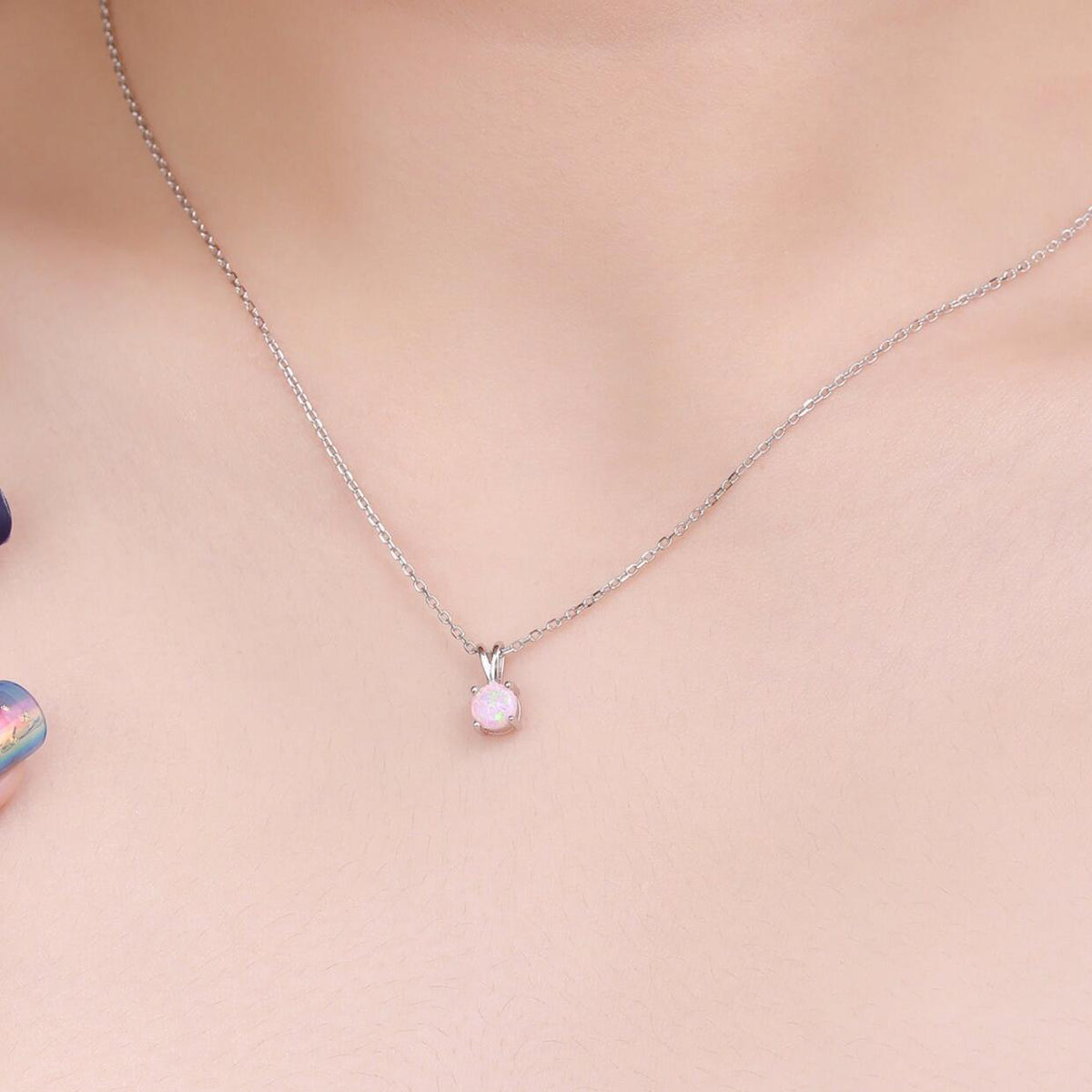 Tiny White Opal Pendant Necklace in Sterling Silver, 5mm Lab Opal Necklace, Single Opal Necklace, Fire Opal Necklace