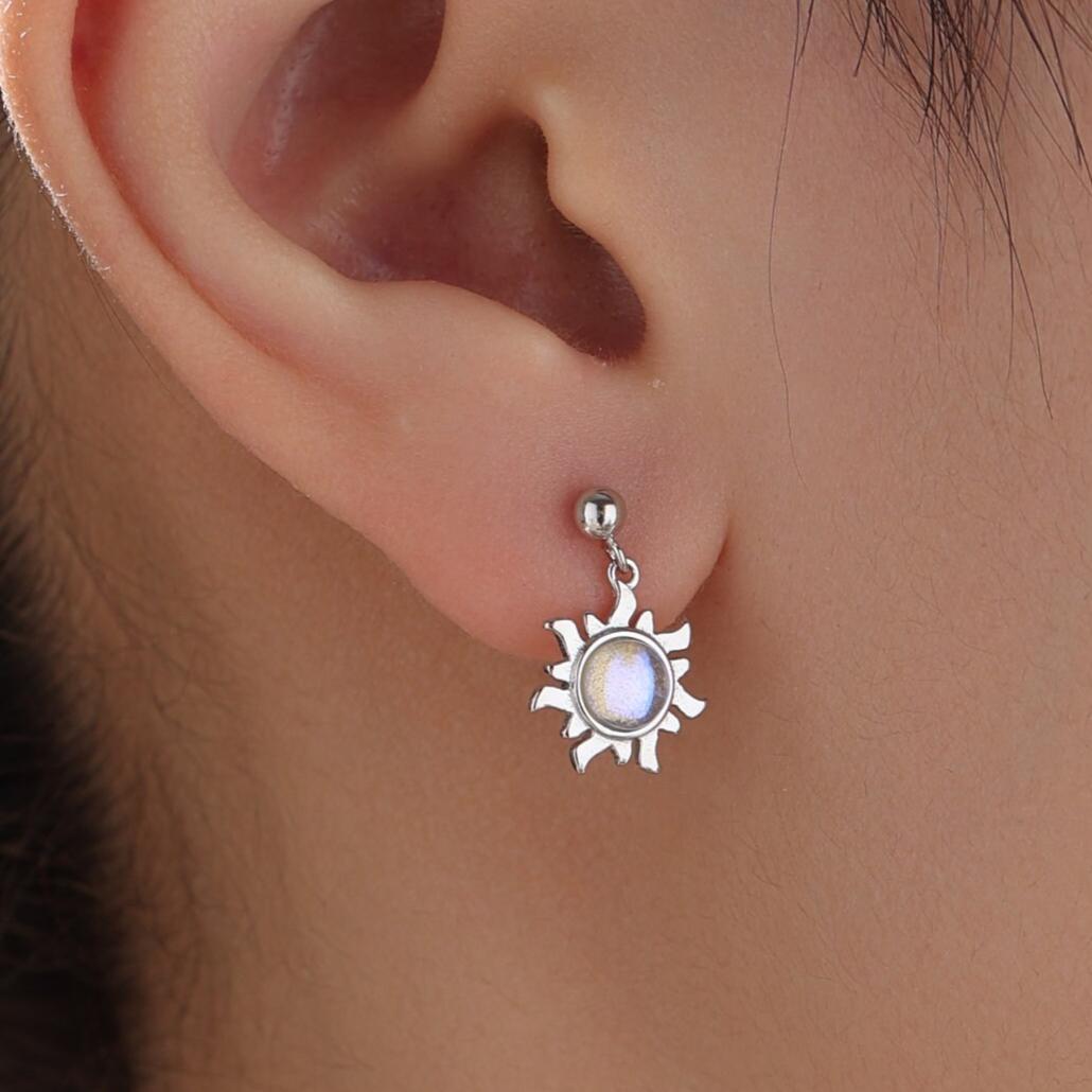 Sun Dangle Drop Stud Earrings in Sterling Silver with Simulated Moonstone, Sun Earrings, Celestial Earrings