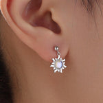 Sun Dangle Drop Stud Earrings in Sterling Silver with Simulated Moonstone, Sun Earrings, Celestial Earrings