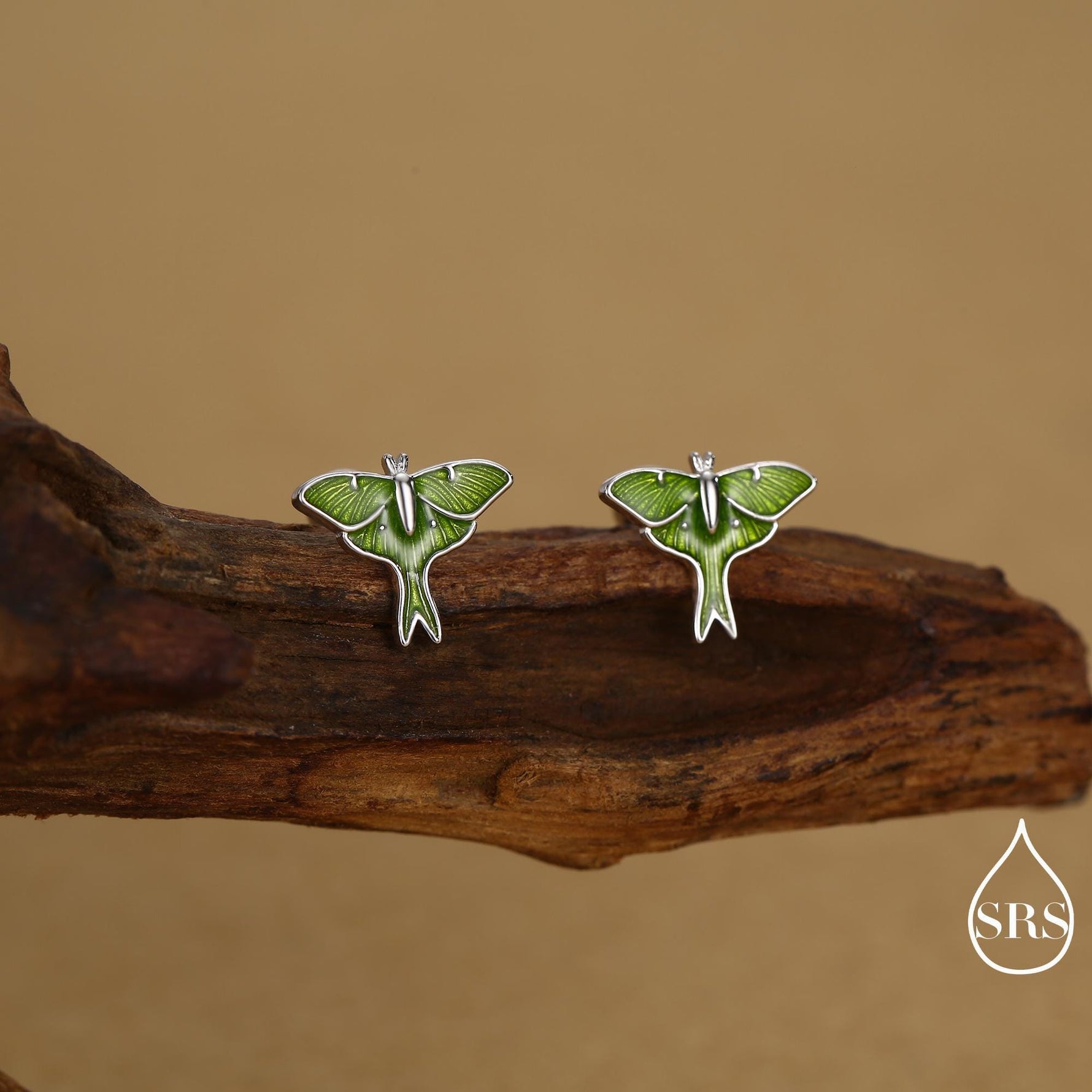 Lunar Moth Enamel Flat Back / Screw Back/ Stud Earrings in Sterling Silver, Green Enamel Butterfly Earrings, Nature-Inspired Animal Earring