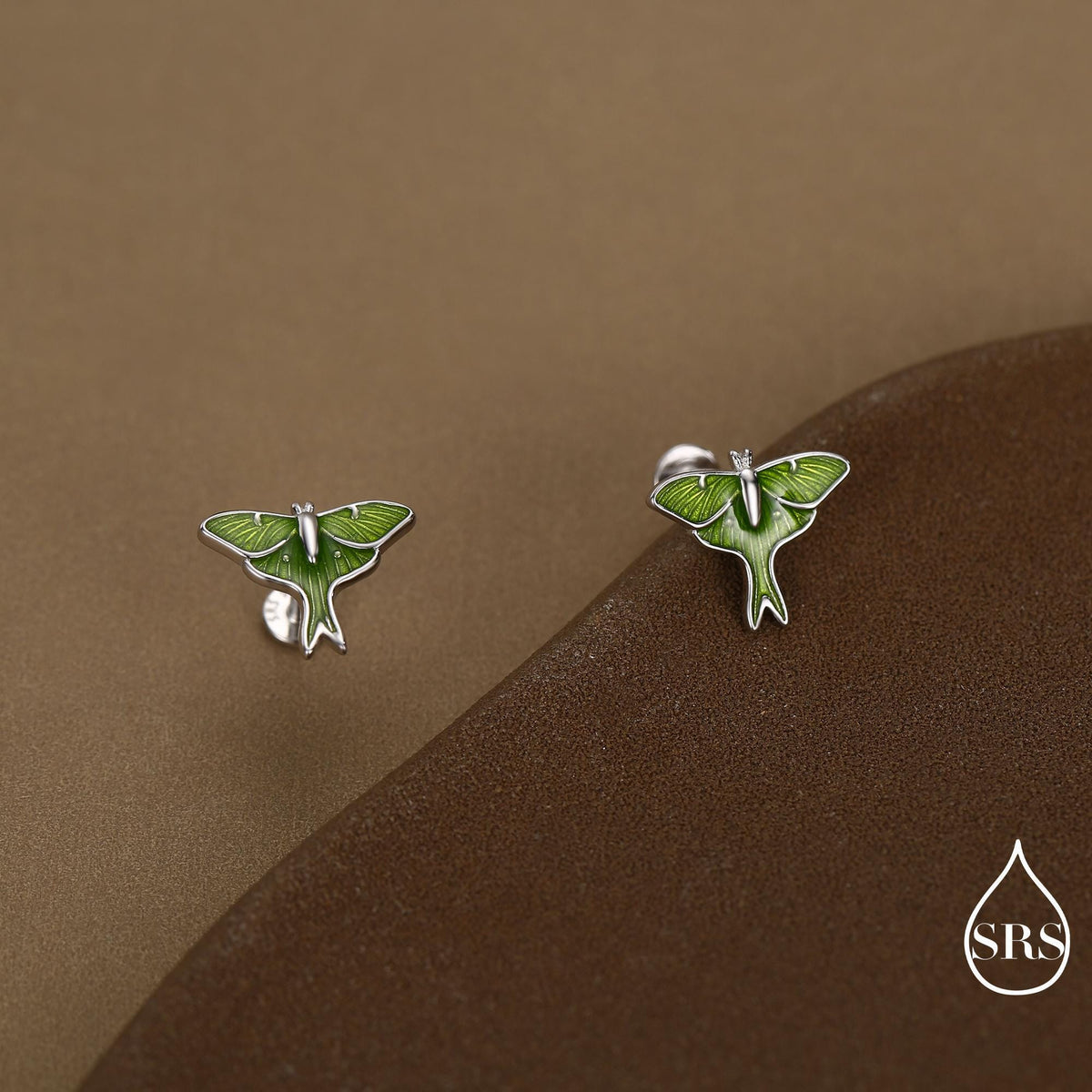 Lunar Moth Enamel Flat Back / Screw Back/ Stud Earrings in Sterling Silver, Green Enamel Butterfly Earrings, Nature-Inspired Animal Earring