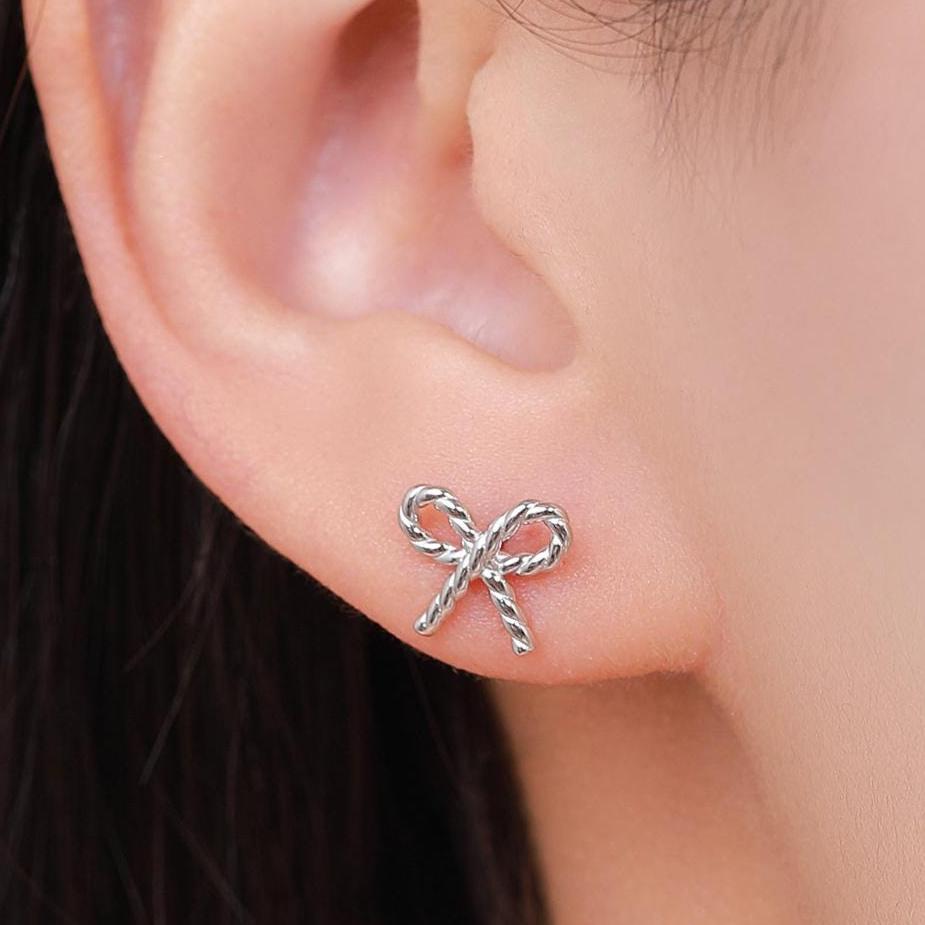 Braided Ribbon Bow Stud Earrings in Sterling Silver, Available in Silver, Gold or Rose Gold, Ribbon Earrings, Ribbon Bow Earrings