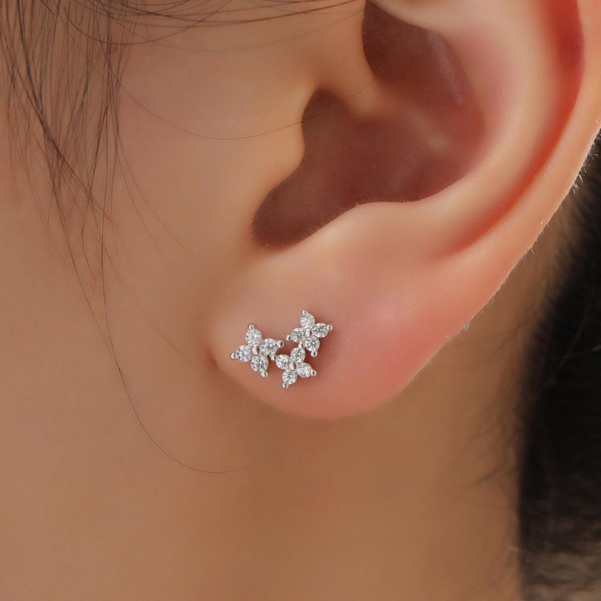 Asymmetric Hydrangea Flower Bouquet CZ Stud Earrings in Sterling Silver, Silver, Gold or Rose Gold, Mismatched CZ Flower Stud Earrings