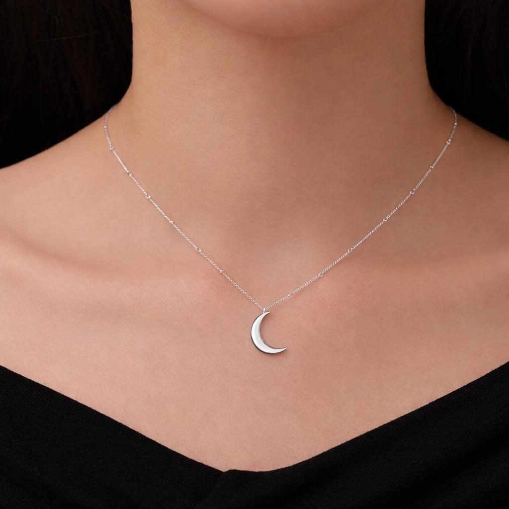 Crescent Moon Pendant Necklace in Sterling Silver with a Satellite Chain - Moon Necklace - Gold or Silver - Whimsical and Pretty Jewellery