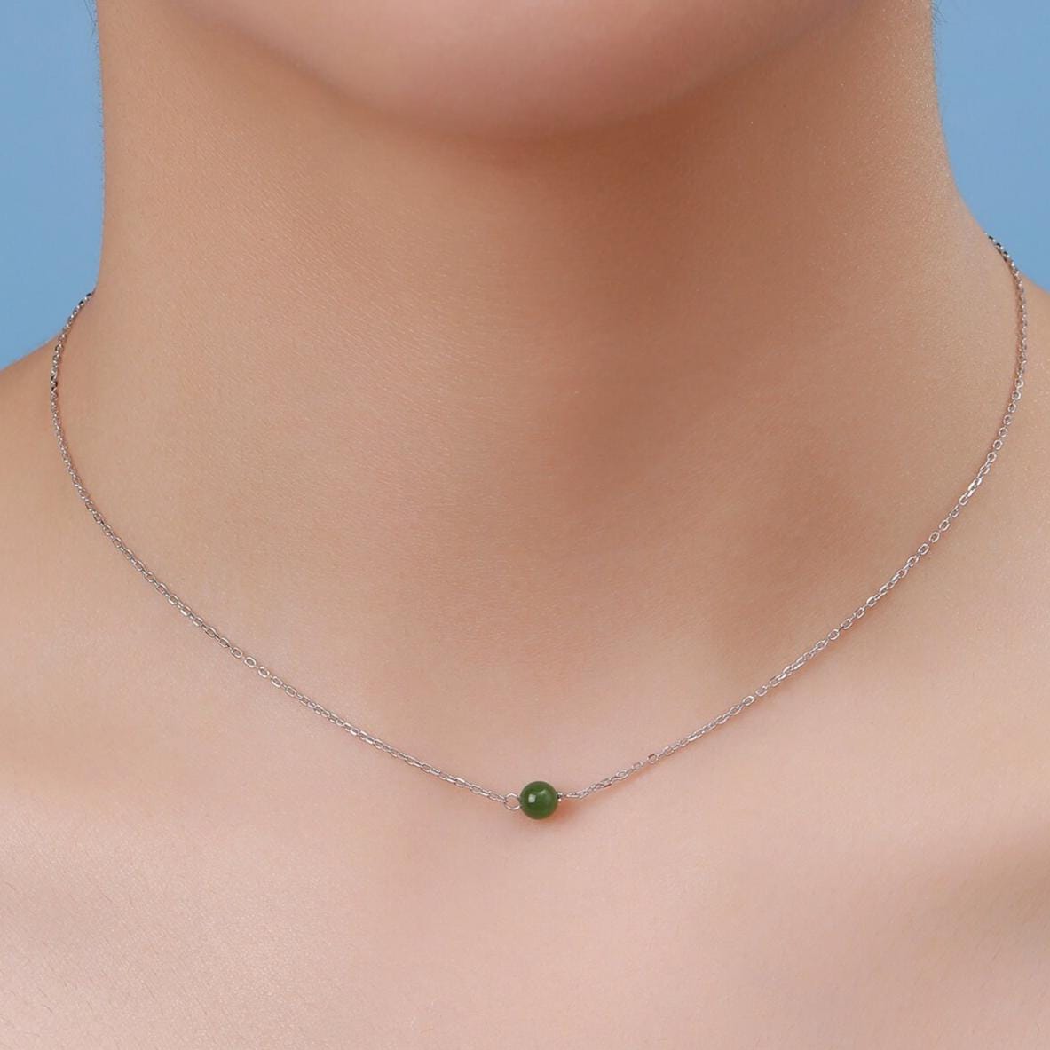 Jade Bead Necklace in Sterling Silver, Jade Necklace, Single Jade Necklace, Genuine Jade Crystal, Natural Jade Stone Necklace