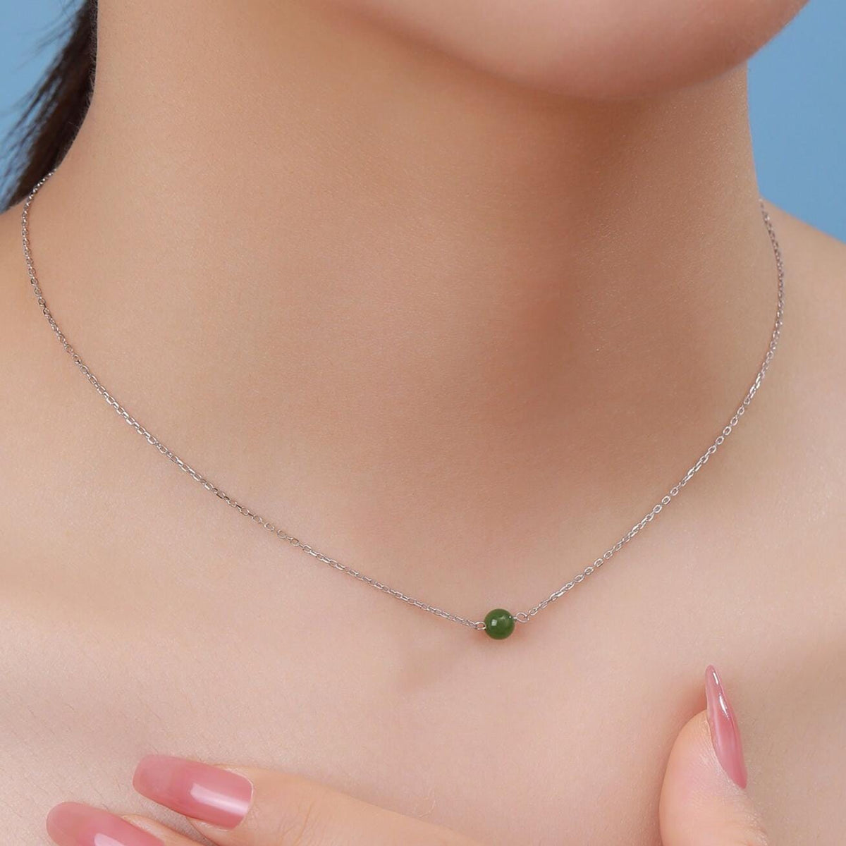 Jade Bead Necklace in Sterling Silver, Jade Necklace, Single Jade Necklace, Genuine Jade Crystal, Natural Jade Stone Necklace