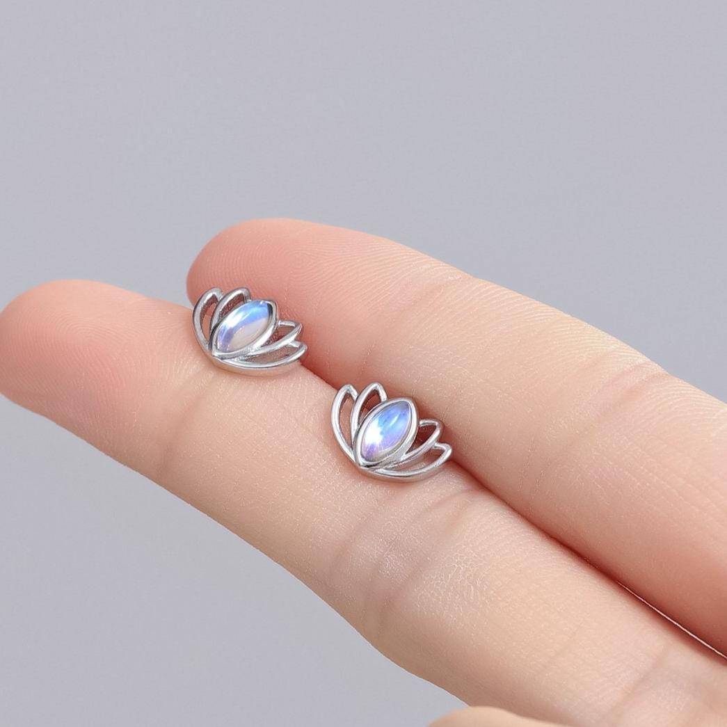 Lotus Flower Moonstone Stud Earrings in Sterling Silver, Silver or Gold, Lab Moonstone Lotus Earrings, Nature Inspired, Botanical Earrings