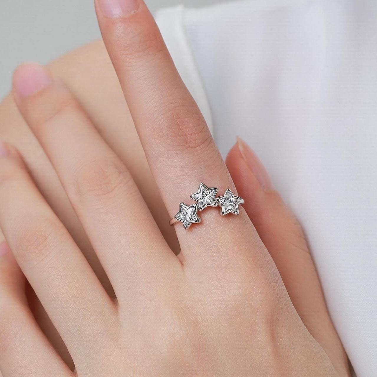 Sterling Silver Triple Star CZ Ring, Blue or Clear CZ Crystal Star Ring, Adjustable Size, Celestial Jewellery, CZ Star Ring