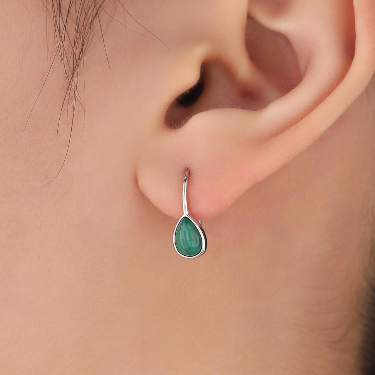 Genuine Malachite Pear Cut Drop Hook Earrings in Sterling Silver, Delicate Natural Green Malachite Earrings, Pear Droplet Malachite Earrings