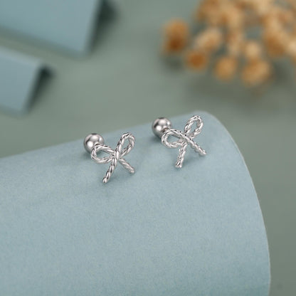 Sterling Silver Braided Bow 18G Screw Back Earrings with Ball Backs