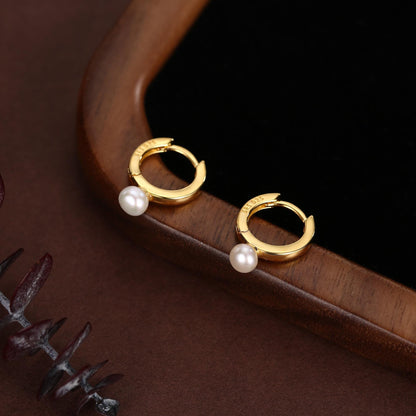 Natural Freshwater Pearl Huggie Hoops, Single Pearl Hoops, Silver or Gold, Genuine Pearl Huggie Hoops, Keshi Pearl Earrings