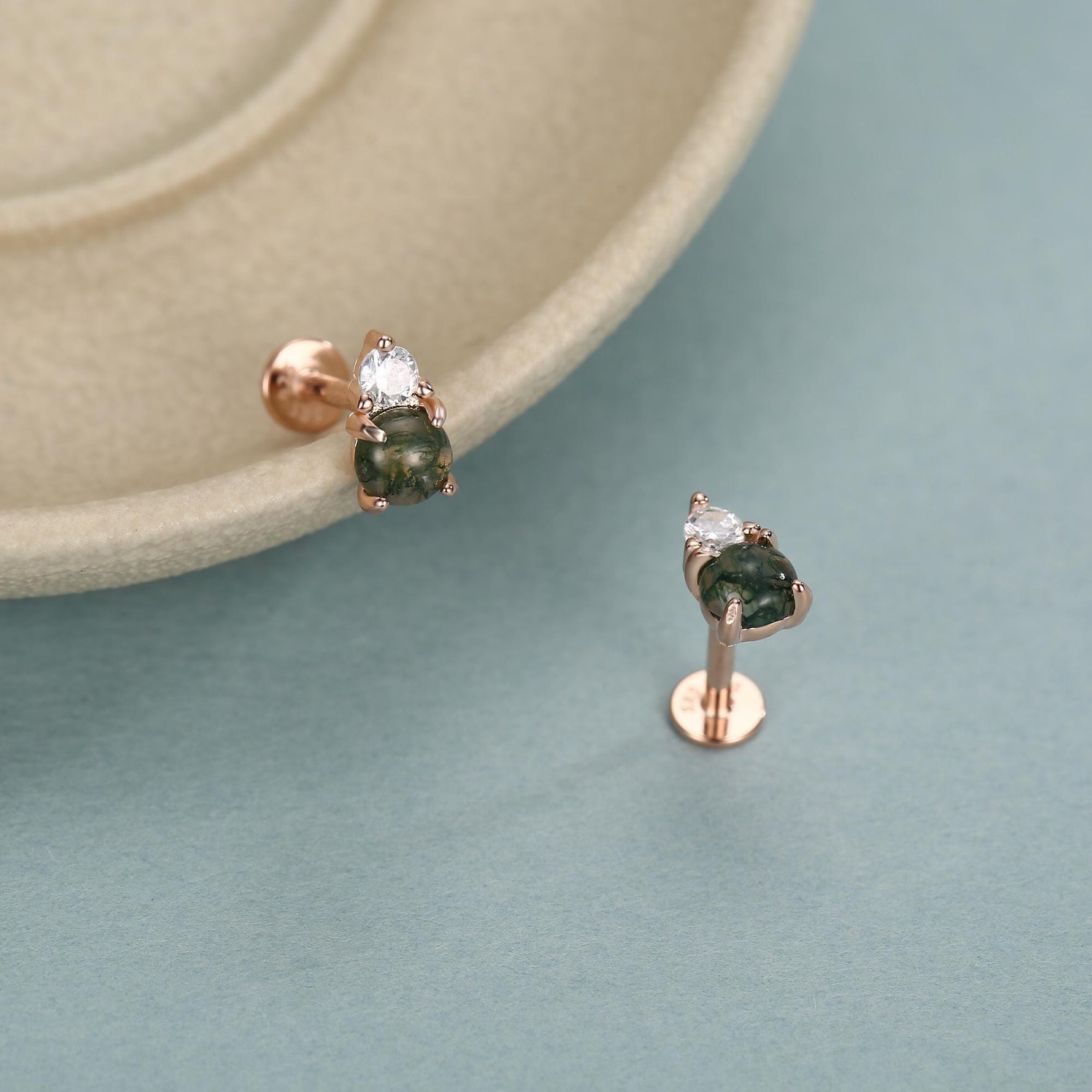 Sterling Silver Moss Agate and CZ 16G Flat Back Labret Earrings