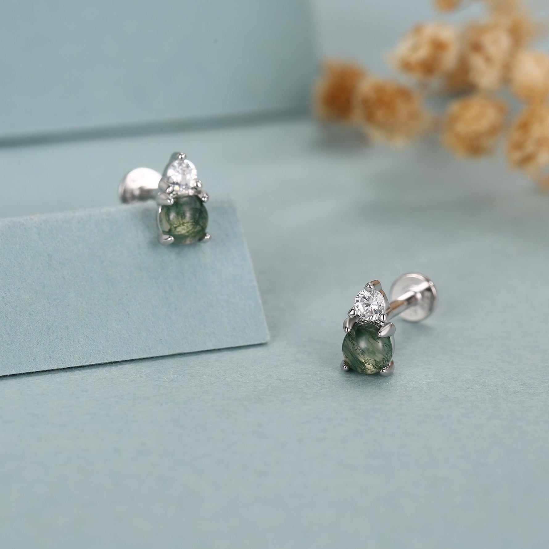 Sterling Silver Moss Agate and CZ 16G Flat Back Labret Earrings