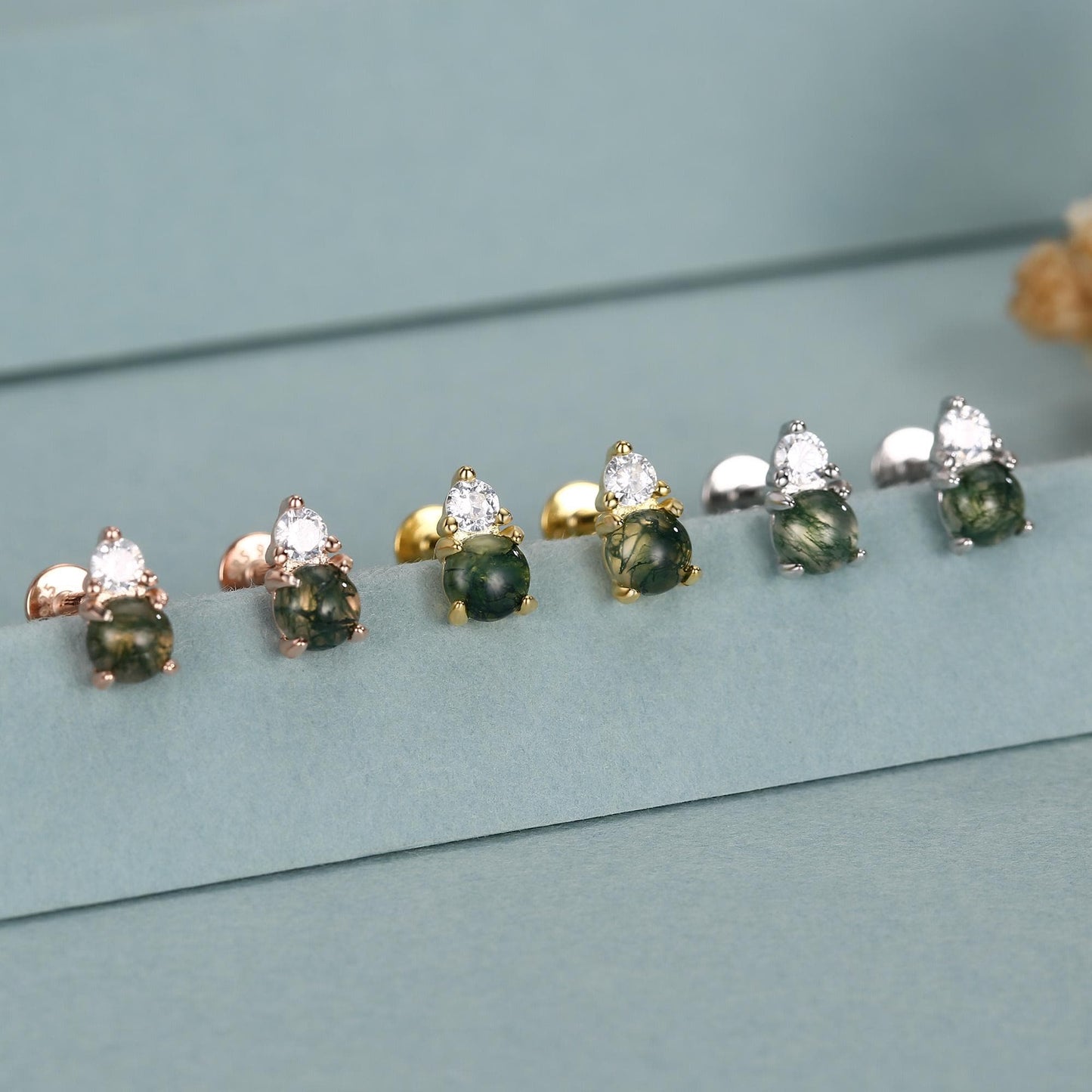 Sterling Silver Moss Agate and CZ 16G Flat Back Labret Earrings