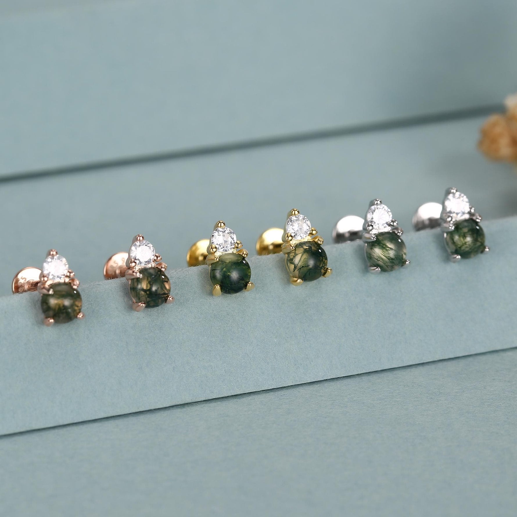 Sterling Silver Moss Agate and CZ 16G Flat Back Labret Earrings