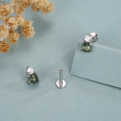 Sterling Silver Moss Agate and CZ 16G Flat Back Labret Earrings