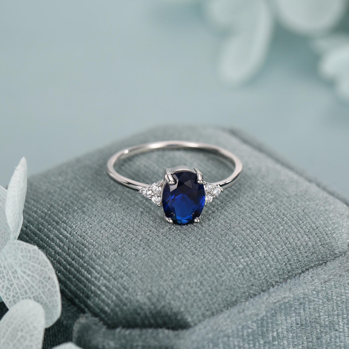Oval Sapphire CZ Ring in Sterling Silver, Simulated Sapphire Ring, Vintage Inspired Design, US 5 - 7.5