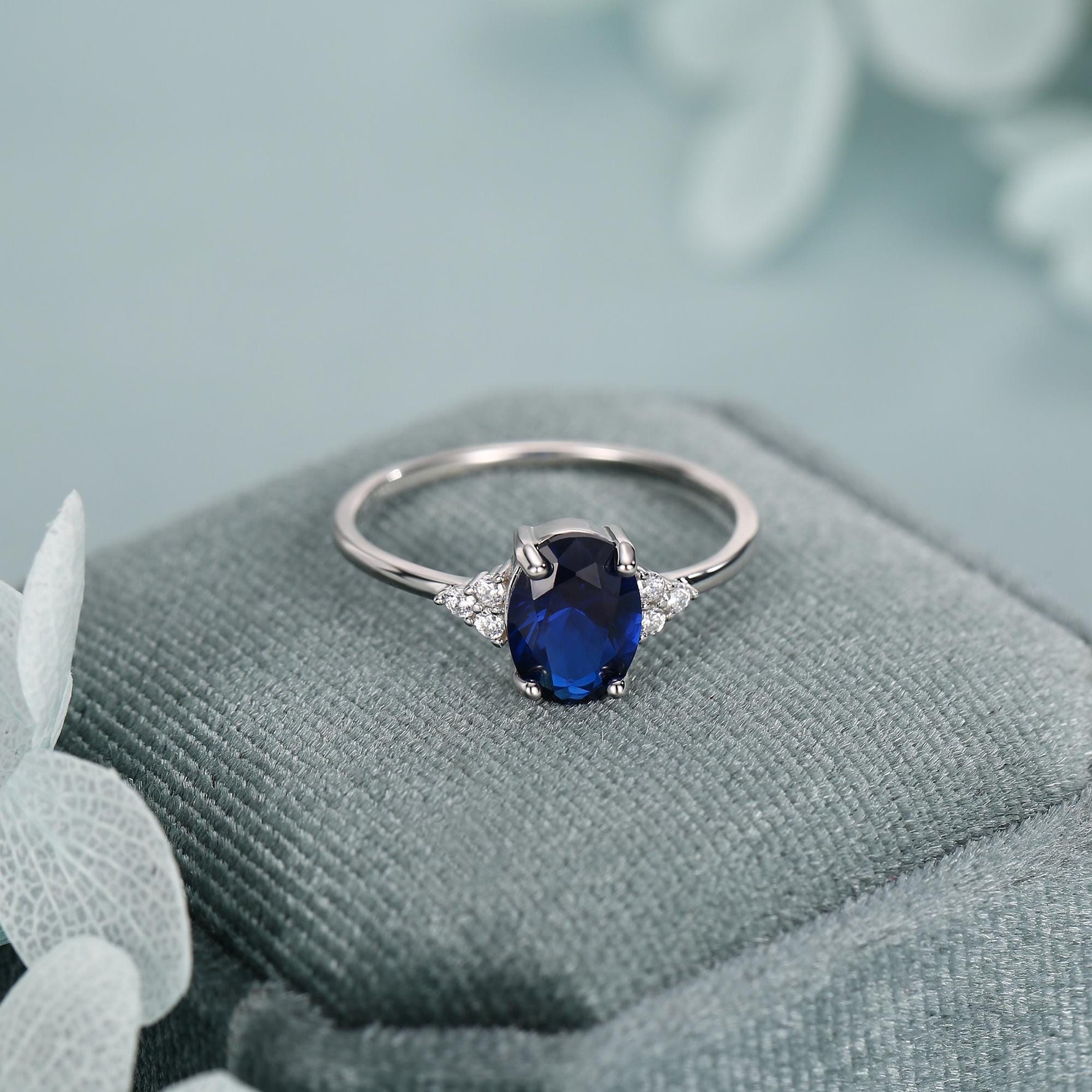 Oval Sapphire CZ Ring in Sterling Silver, Simulated Sapphire Ring, Vintage Inspired Design, US 5 - 7.5