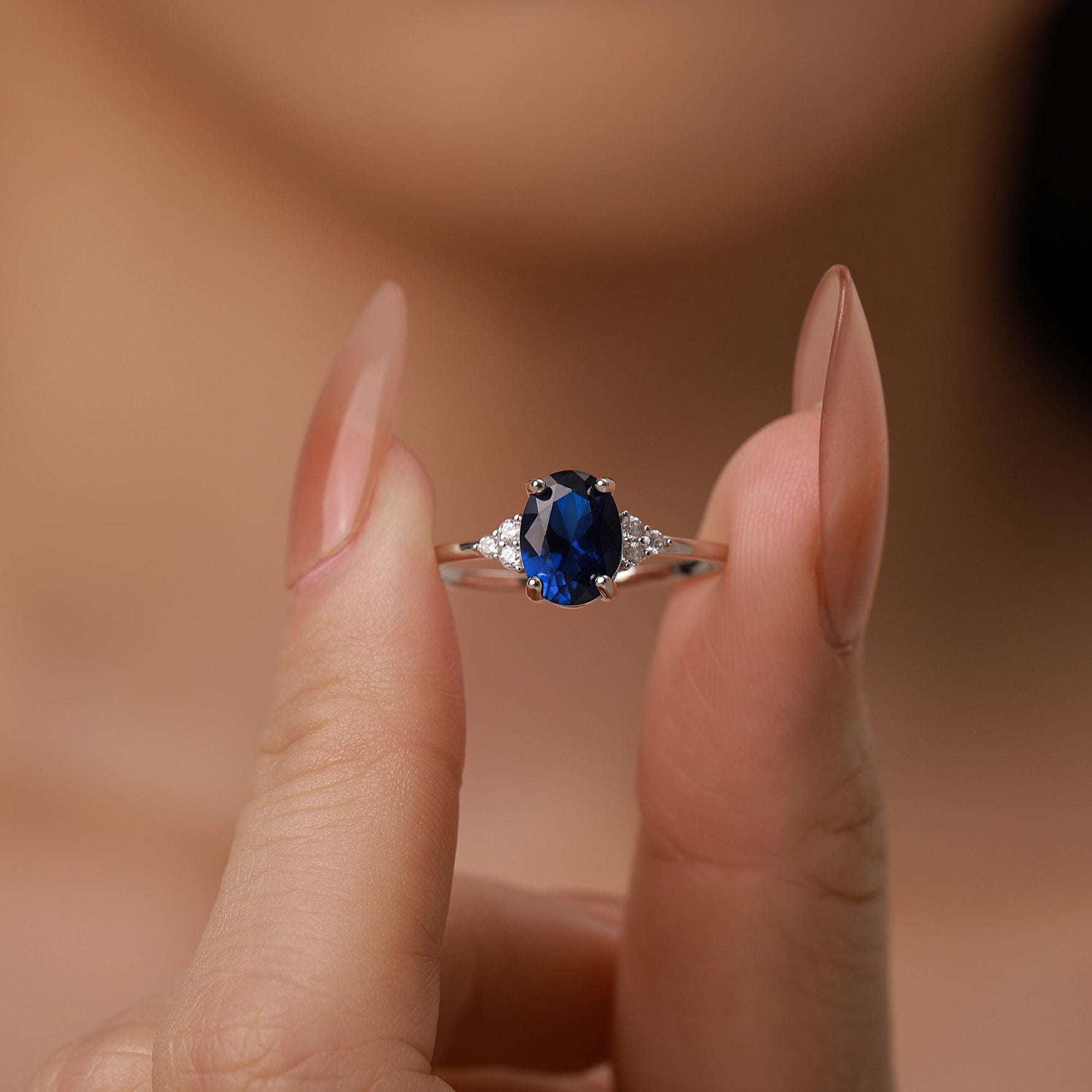 Oval Sapphire CZ Ring in Sterling Silver, Simulated Sapphire Ring, Vintage Inspired Design, US 5 - 7.5