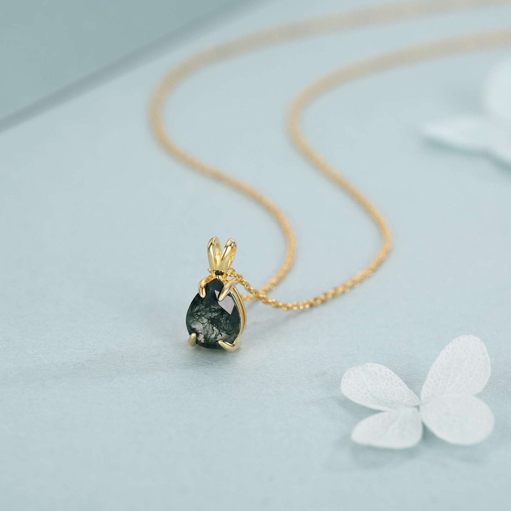 Sterling Silver Moss Agate Droplet Pendant Necklace