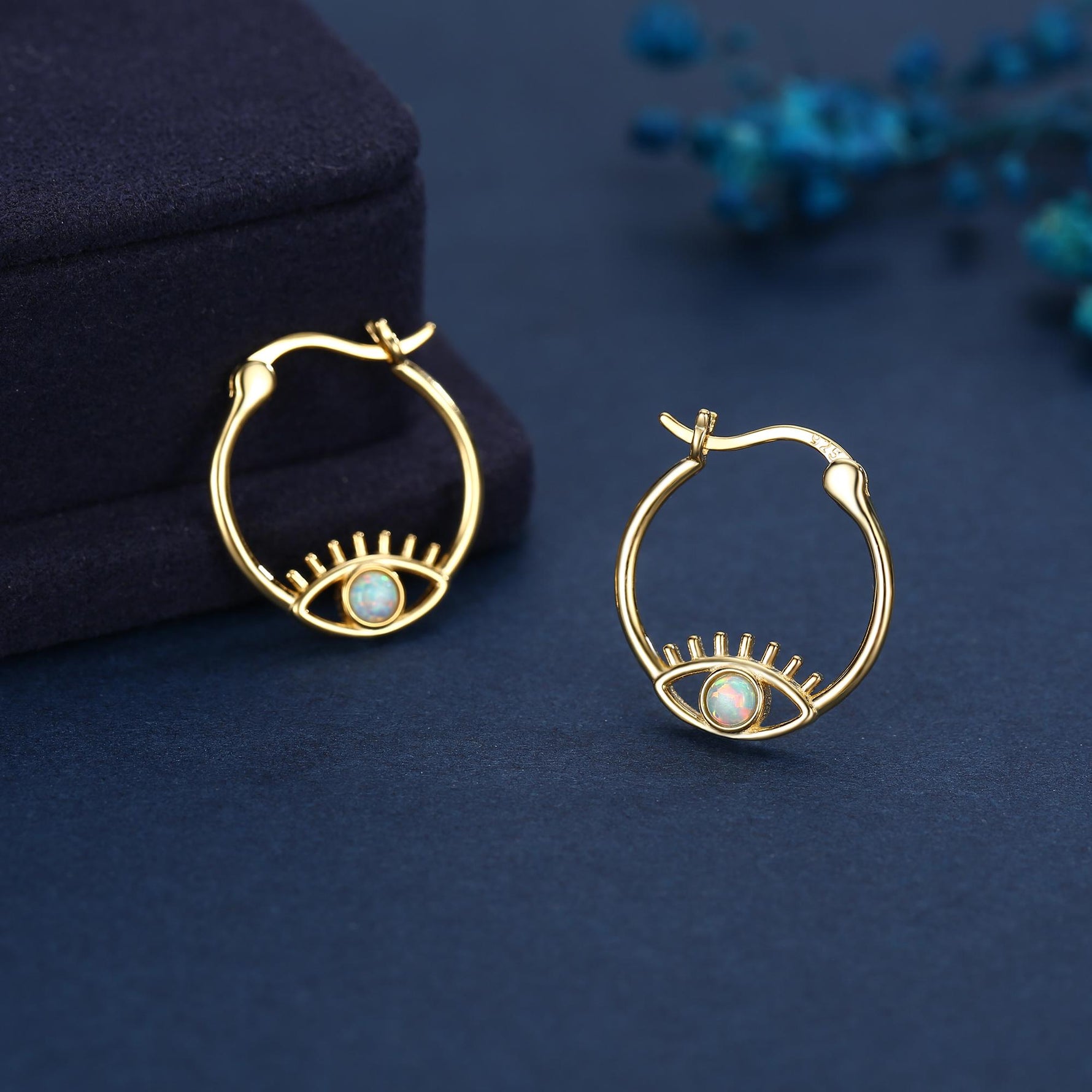 Aqua Green Opal Eye Hoop Earrings in Sterling Silver, Silver or Gold Evil Eye Hoops, Simulated Opal, Evil Eye Earrings, Lab Opal Earrings