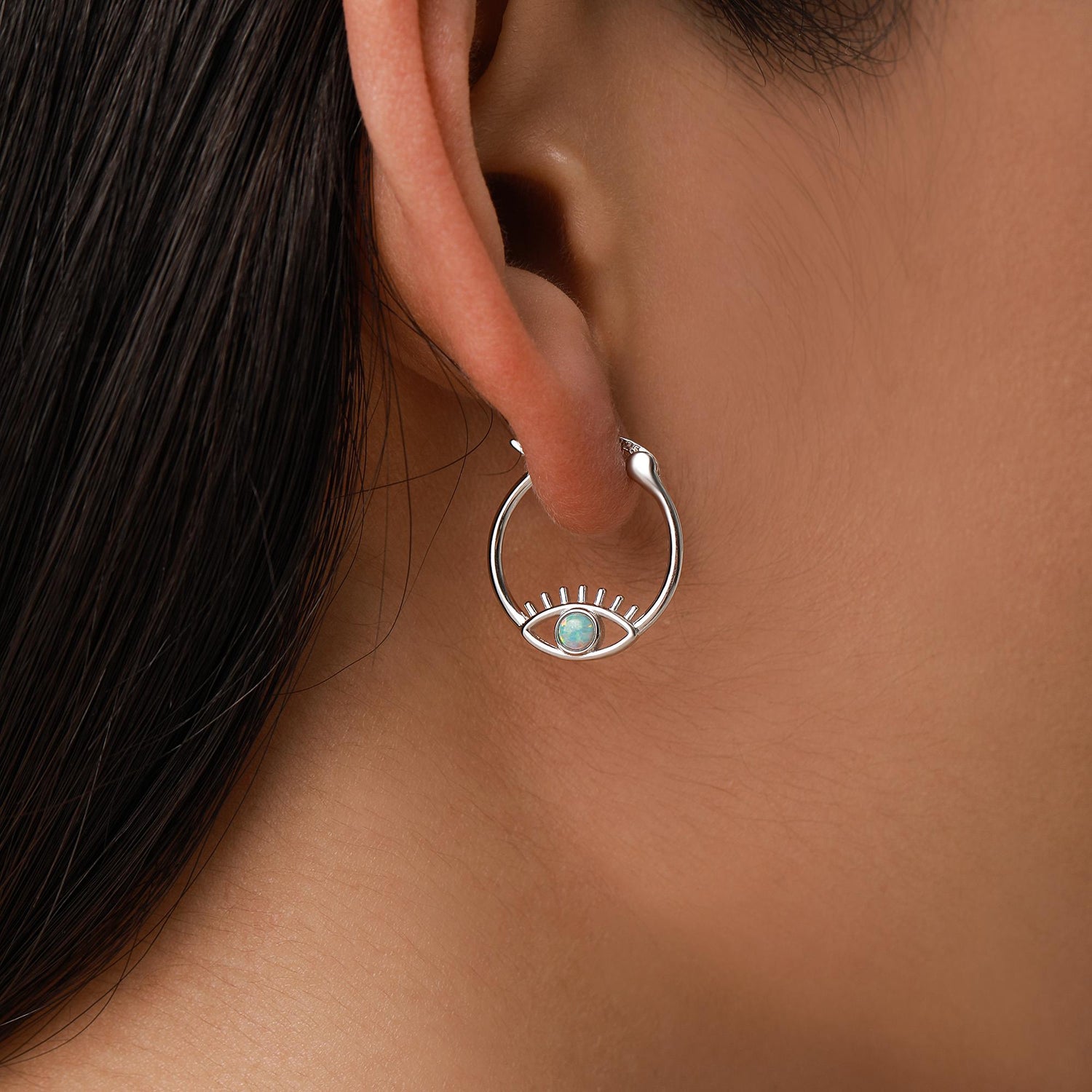 Aqua Green Opal Eye Hoop Earrings in Sterling Silver, Silver or Gold Evil Eye Hoops, Simulated Opal, Evil Eye Earrings, Lab Opal Earrings