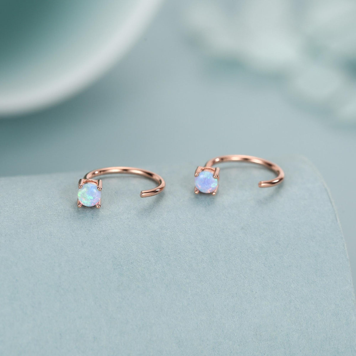 Blue Opal Open Huggie Hoop Earrings in Sterling Silver, Pull Through C Hoops