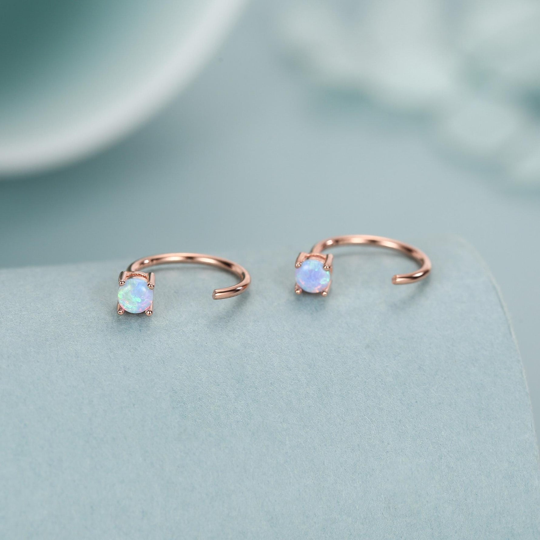 Blue Opal Open Huggie Hoop Earrings in Sterling Silver, Pull Through C Hoops