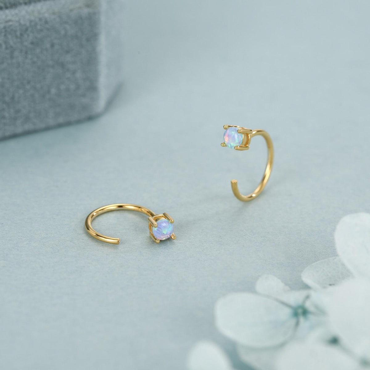 Blue Opal Open Huggie Hoop Earrings in Sterling Silver, Pull Through C Hoops