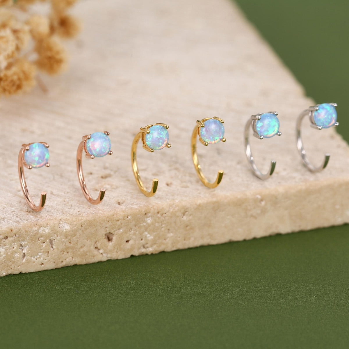 Blue Opal 4mm Open Huggie Hoop Earrings in Sterling Silver, Pull Through C Hoops