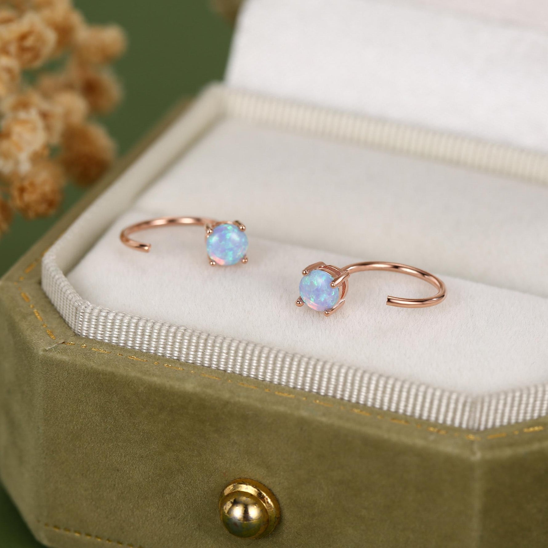 Blue Opal 4mm Open Huggie Hoop Earrings in Sterling Silver, Pull Through C Hoops