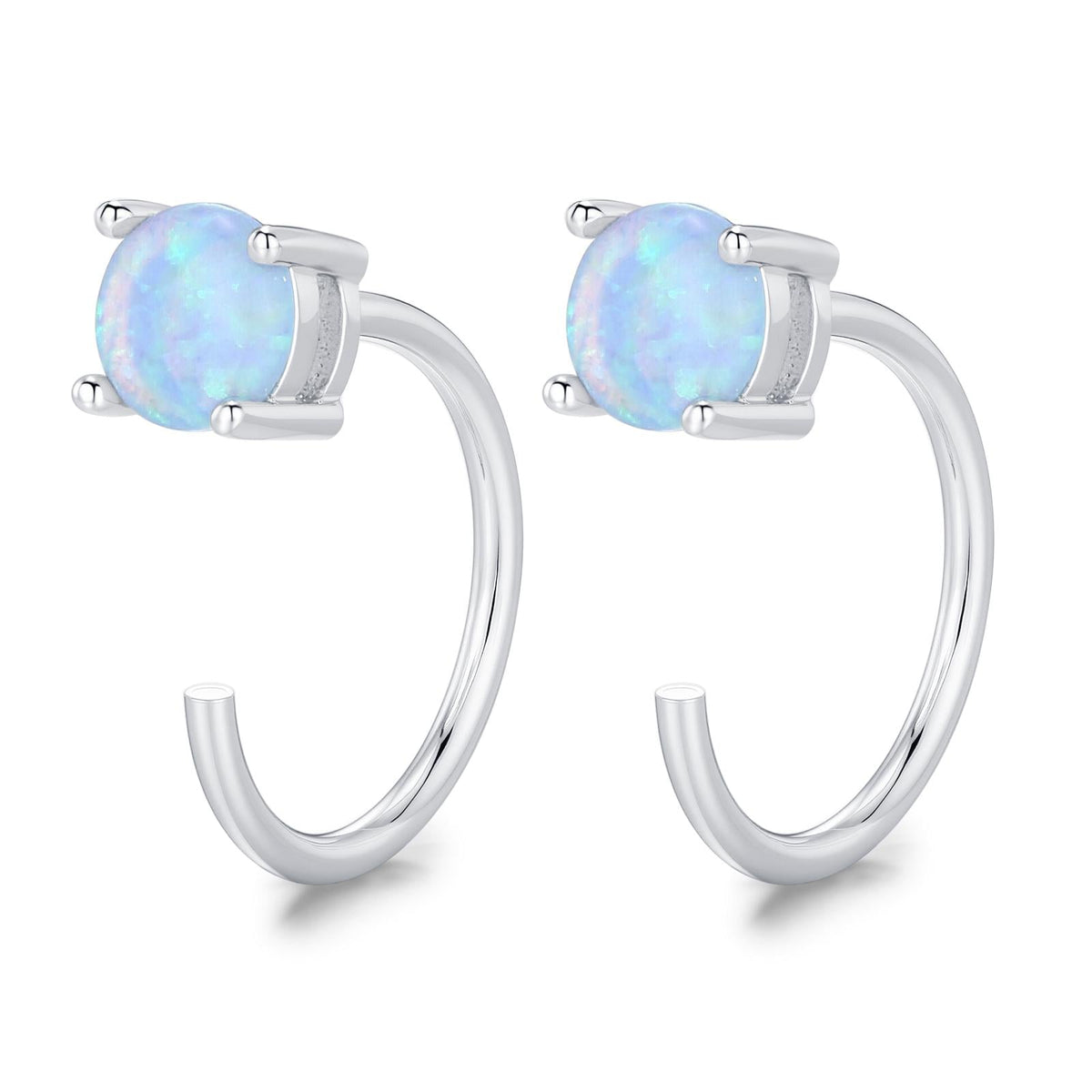 Blue Opal 4mm Open Huggie Hoop Earrings in Sterling Silver, Pull Through C Hoops