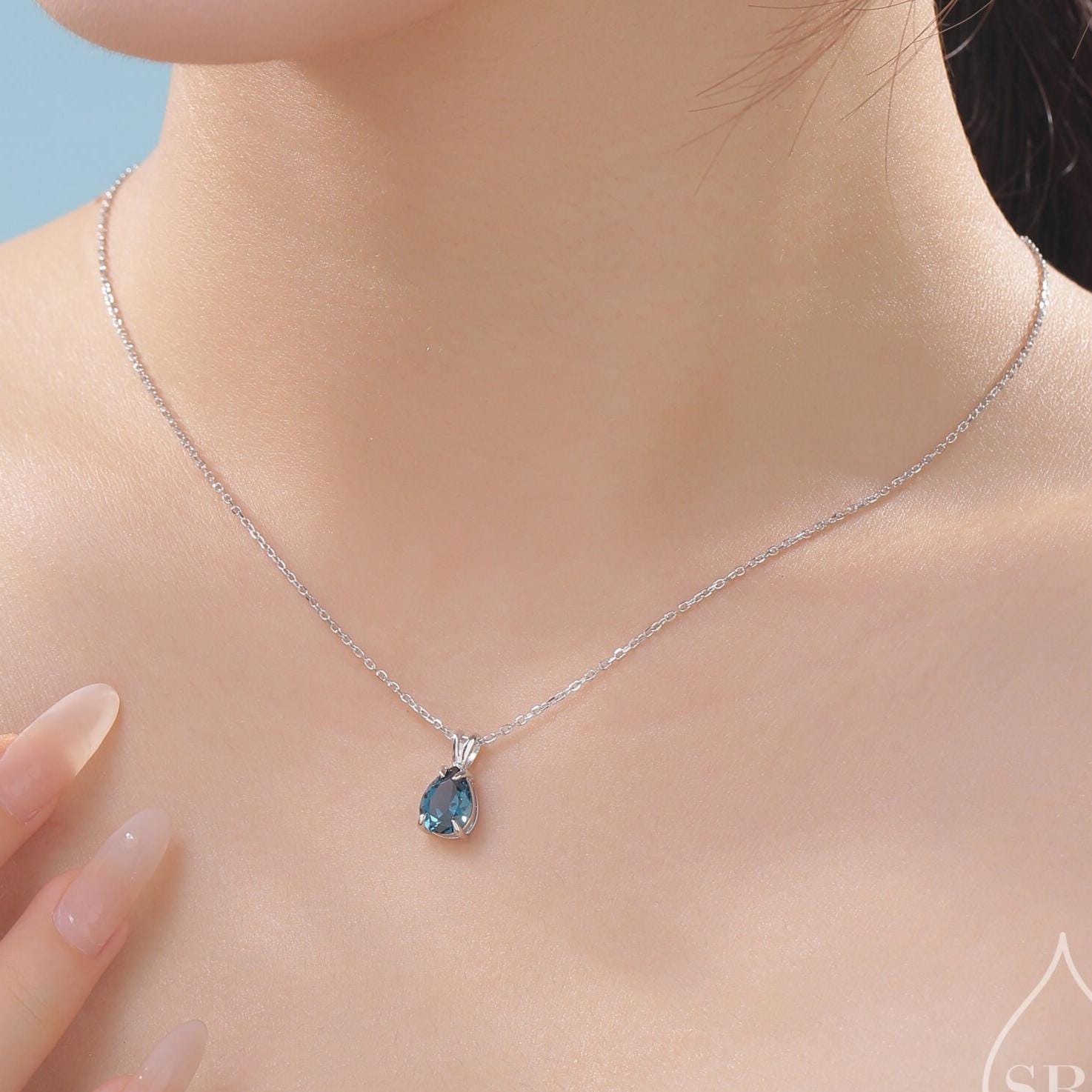 London Blue Pear Cut CZ Necklace in Sterling Silver, 7 x 9mm, Dark Blue Droplet necklace, Diamond CZ, September Birthstone