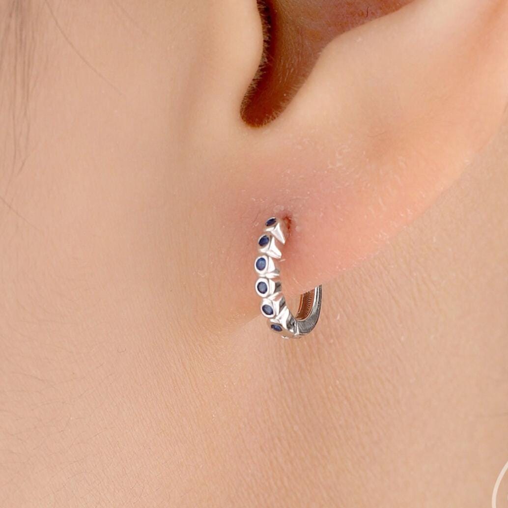 Sapphire Blue CZ Bezel Huggie Hoop in Sterling Silver, 8mm, Silver or Gold, Green Minimalist Simple Hoop Earrings, Green CZ Hoops