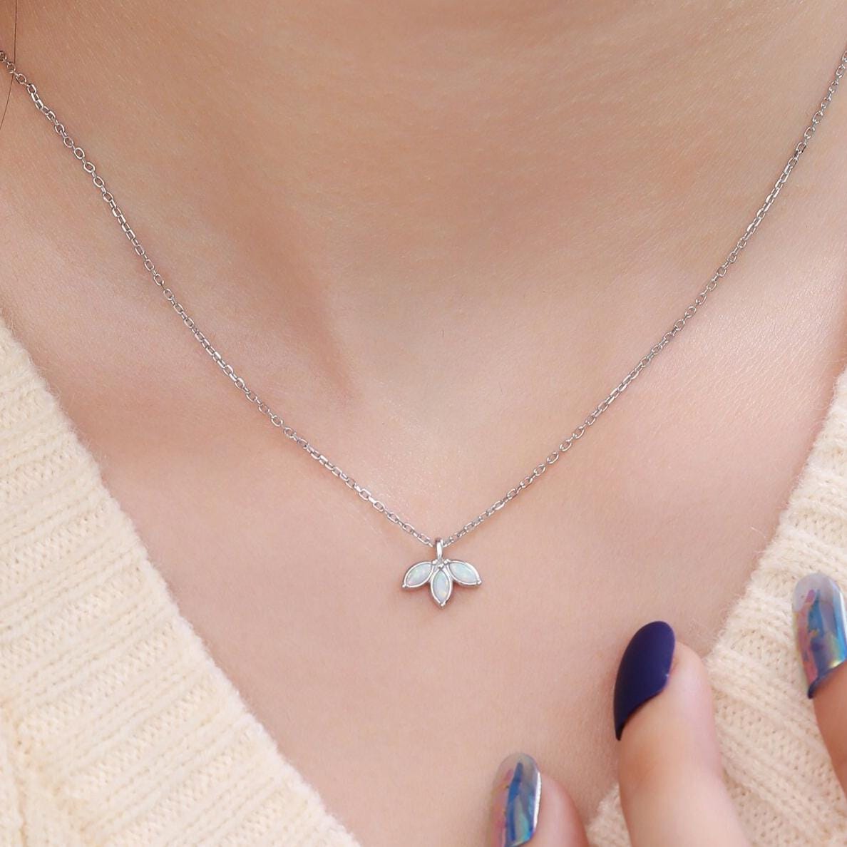 Extra Tiny White Opal Marquise Leaf Pendant Necklace in Sterling Silver, Silver or Gold, Opal Crown Necklace, Small Fire Opal Necklace