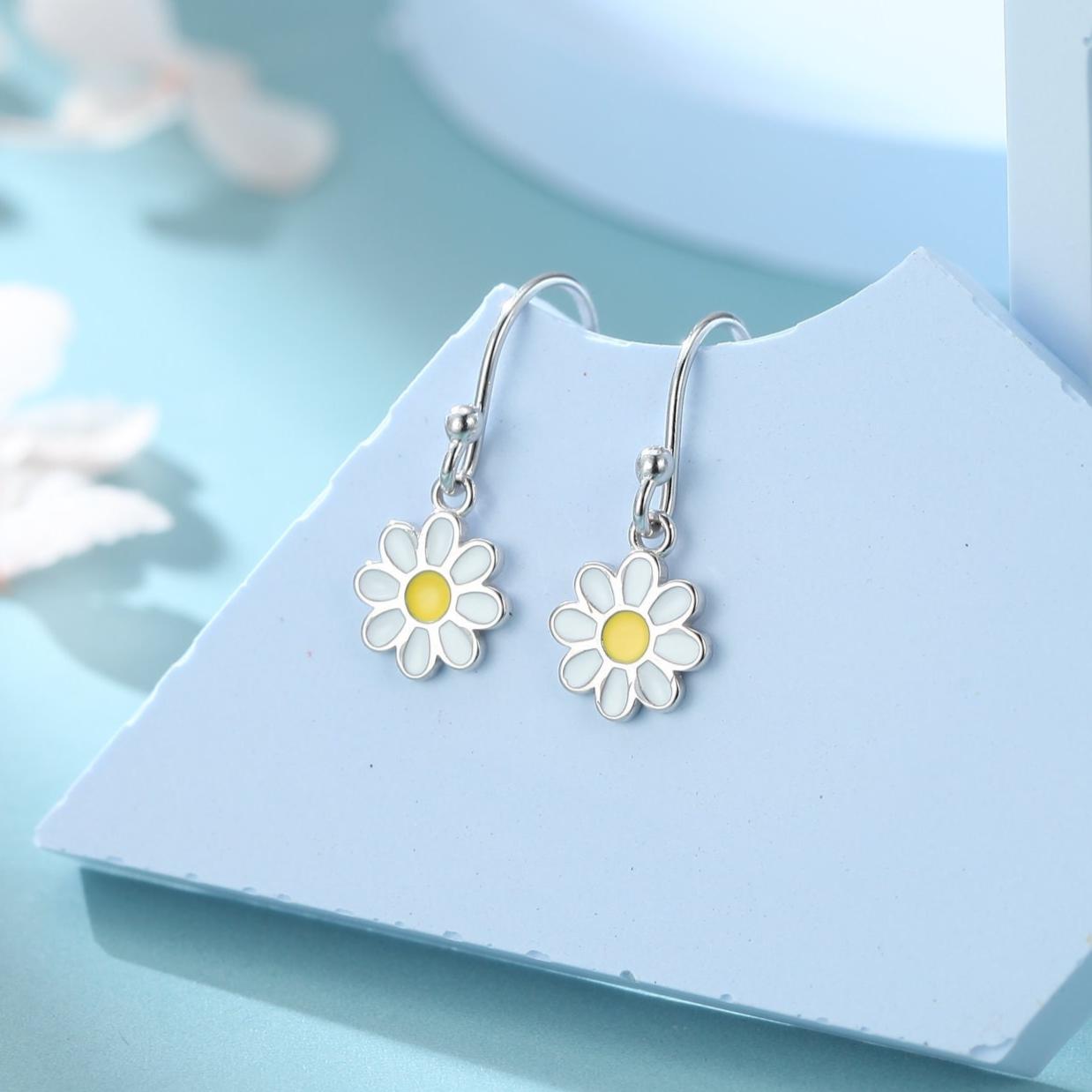 Sterling Silver Enamel Daisy Drop Hook Earrings, Dainty Dangle Daisy Earrings, Flower Earrings? Daisy Hook Earrings