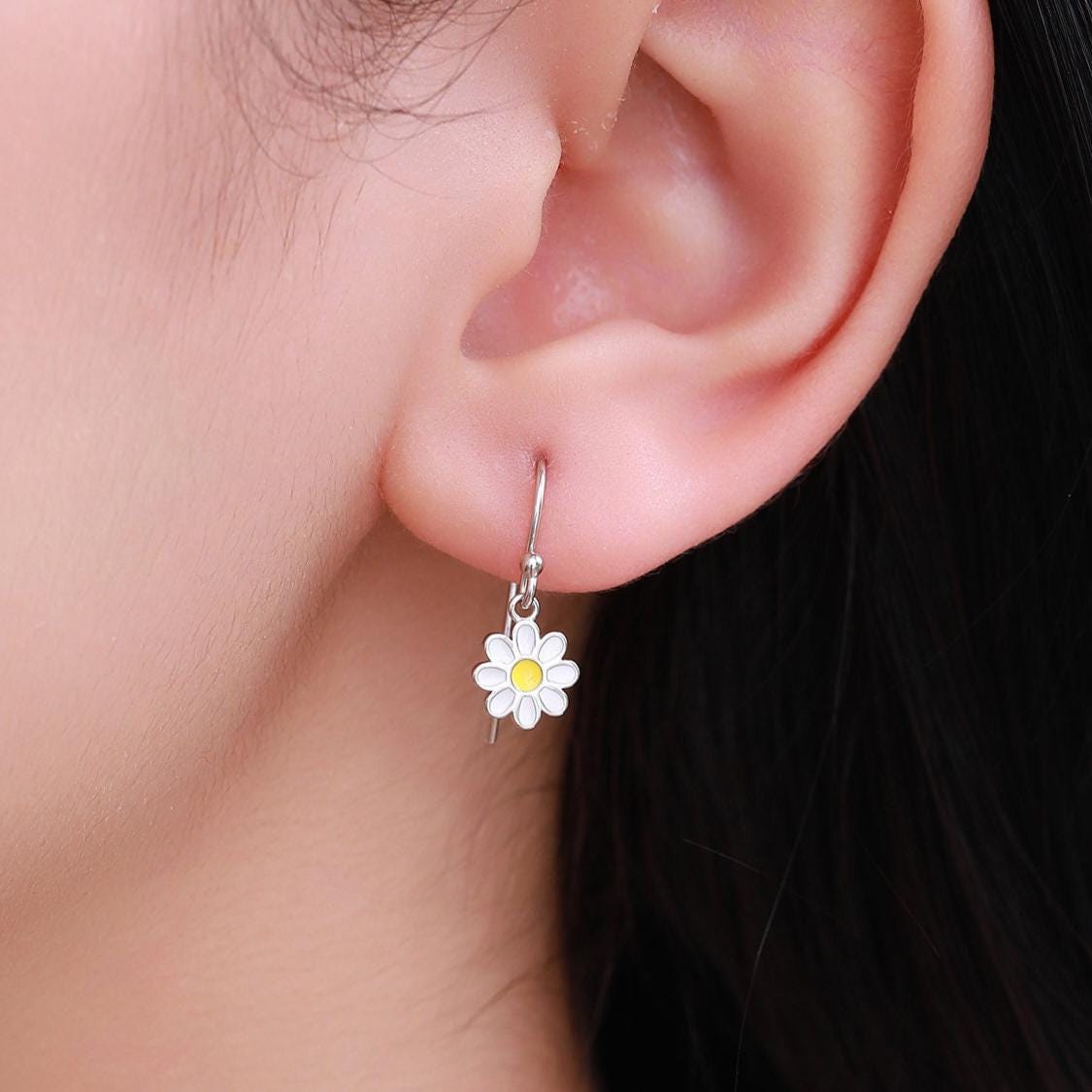 Sterling Silver Enamel Daisy Drop Hook Earrings, Dainty Dangle Daisy Earrings, Flower Earrings? Daisy Hook Earrings