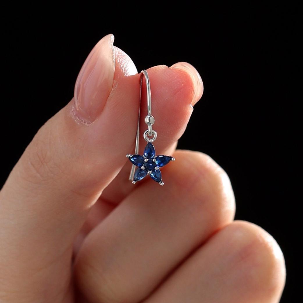 Sterling Silver Sapphire Blue CZ Flower Drop Dangle Earrings, Dainty Dangle Forget Me Not Flower Drop Earrings, Silver CZ Hook Earrings