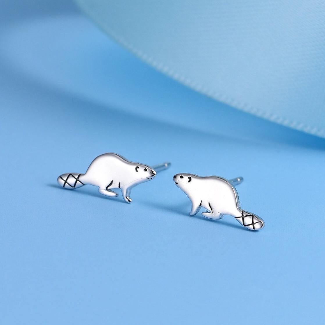 Dainty Beaver Stud Earrings in Sterling Silver, Silver or Gold or Rose Gold, Tiny Silver Beaver Earrings