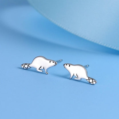 Dainty Beaver Stud Earrings in Sterling Silver, Silver or Gold or Rose Gold, Tiny Silver Beaver Earrings
