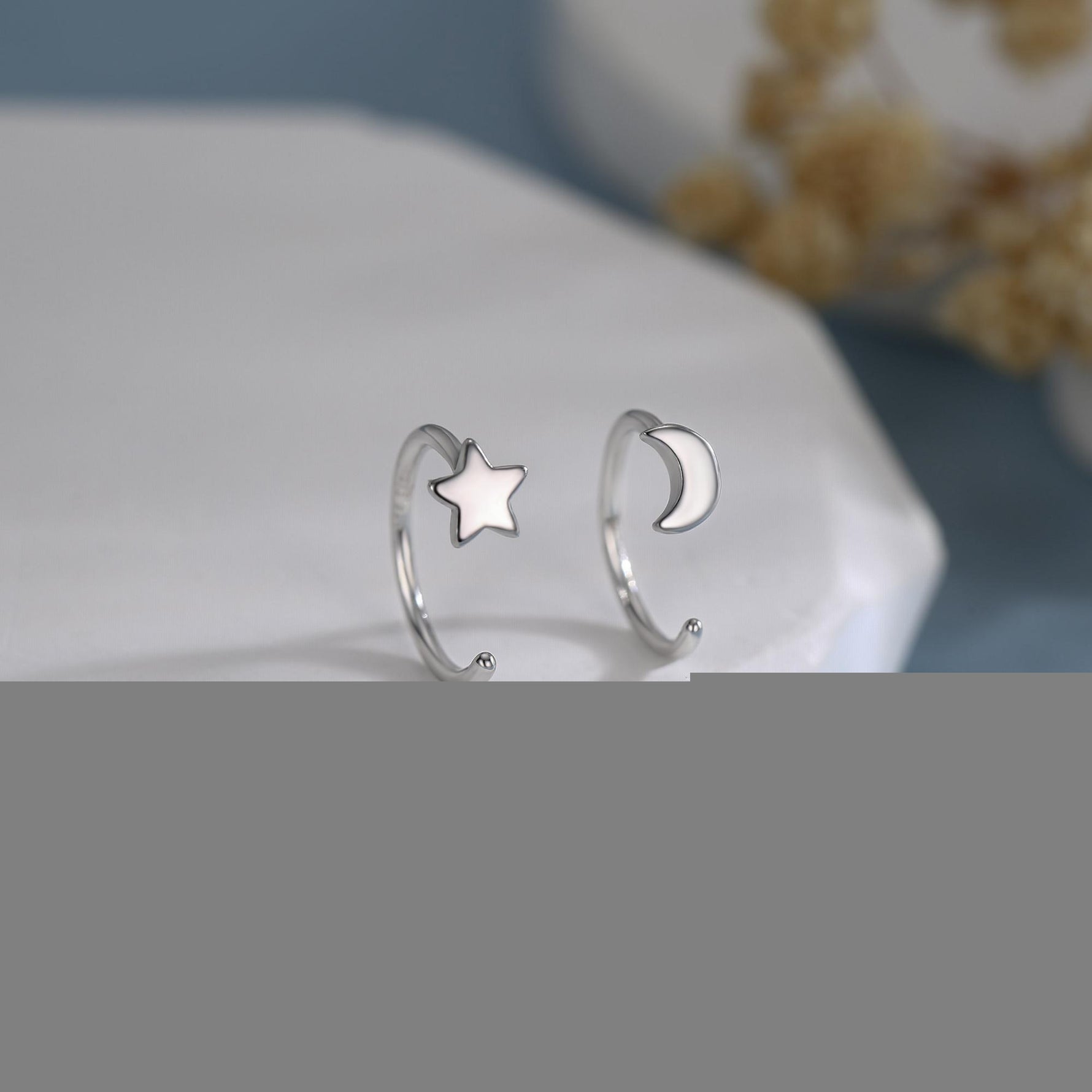 Tiny Mismatched Moon and Star Huggie Hoop Earrings in Sterling Silver, Asymmetric Pull Through Earrings, Half Hoop, Silver or Gold