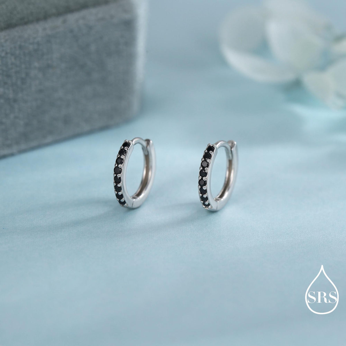 Onyx Black CZ Crystal Huggie Hoops in Sterling Silver, Silver or Gold, 6mm, 7mm and 8mm Minimalist Hoop Earrings